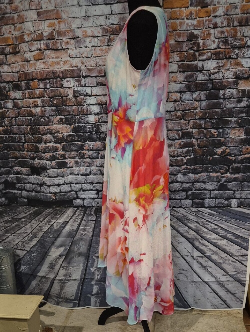 Calvin Klein Watercolor Floral High-Low Wrap Dress - Pink Blue Coral - Picture 5 of 10